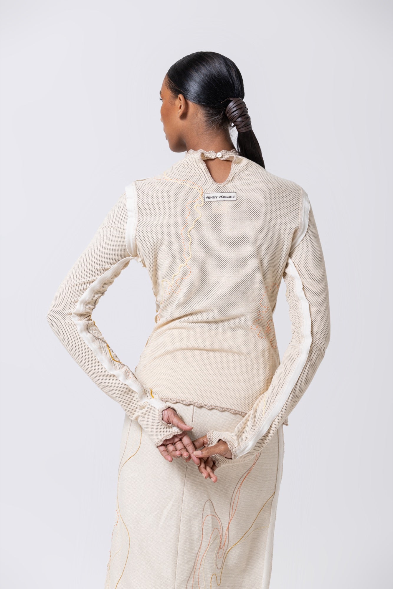 Nita Long Sleeve Turtleneck in Beige Mesh