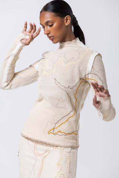 Nita Long Sleeve Turtleneck in Beige Mesh