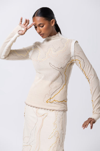 Nita Long Sleeve Turtleneck in Beige Mesh