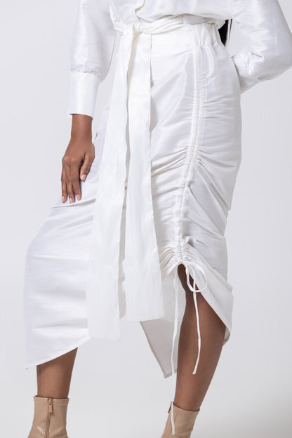 Drawstring White Midi Skirt